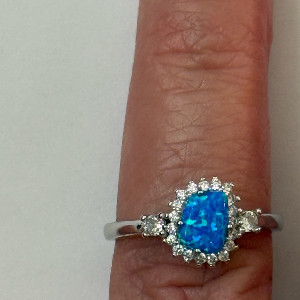 925 Silver ring blue opal and cubic zirconia cz stones size 9